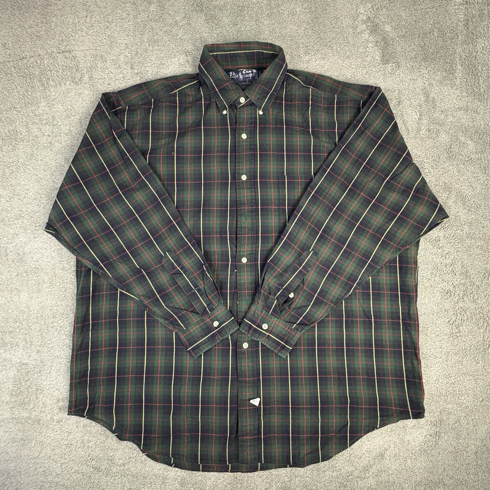 Vintage 90s Polo Ralph Lauren Oxford Button Down Shirt Mens L Green Tartan Plaid